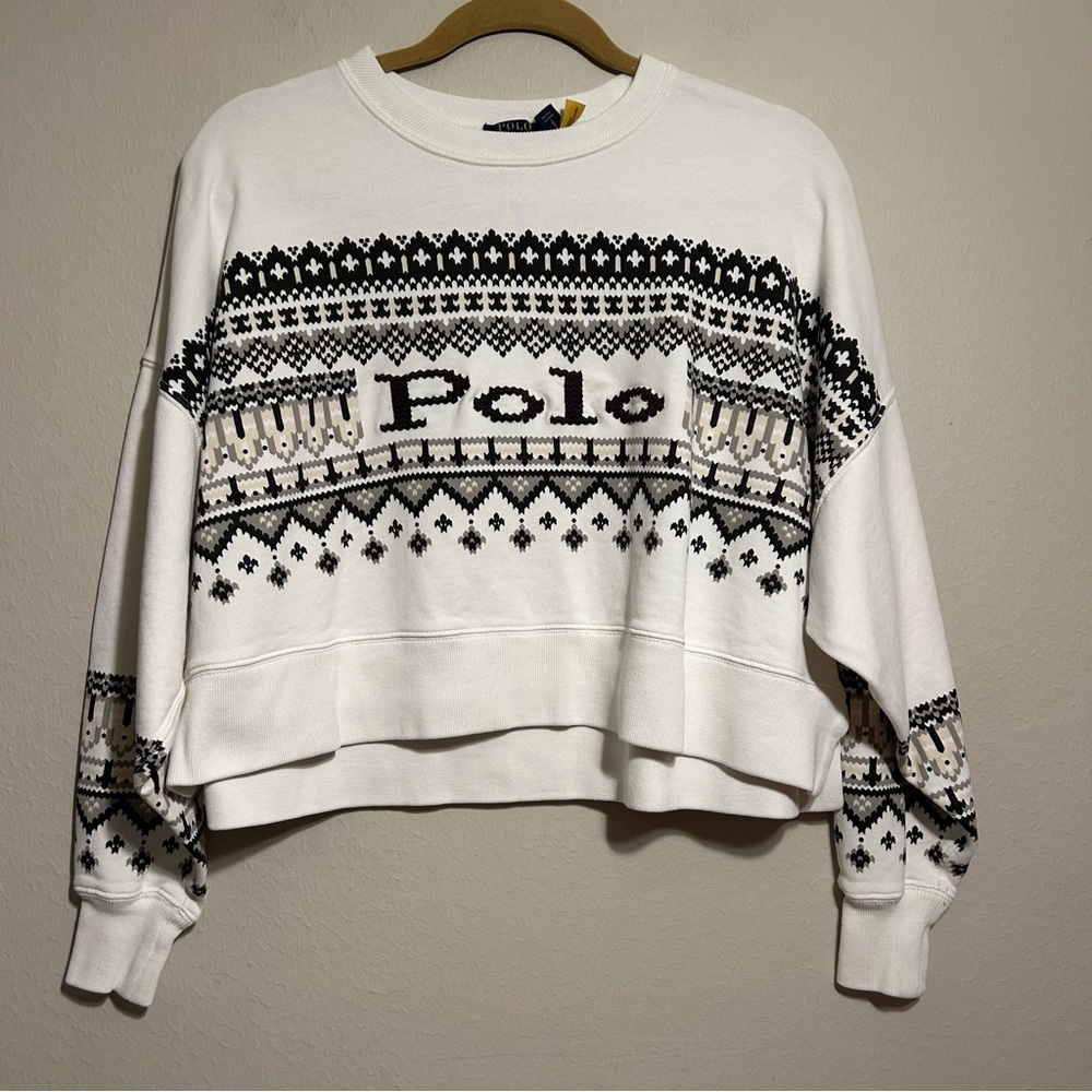 Polo Ralph Lauren Women Cropped White Sweater Cotton Pullover Relaxed Holiday XS